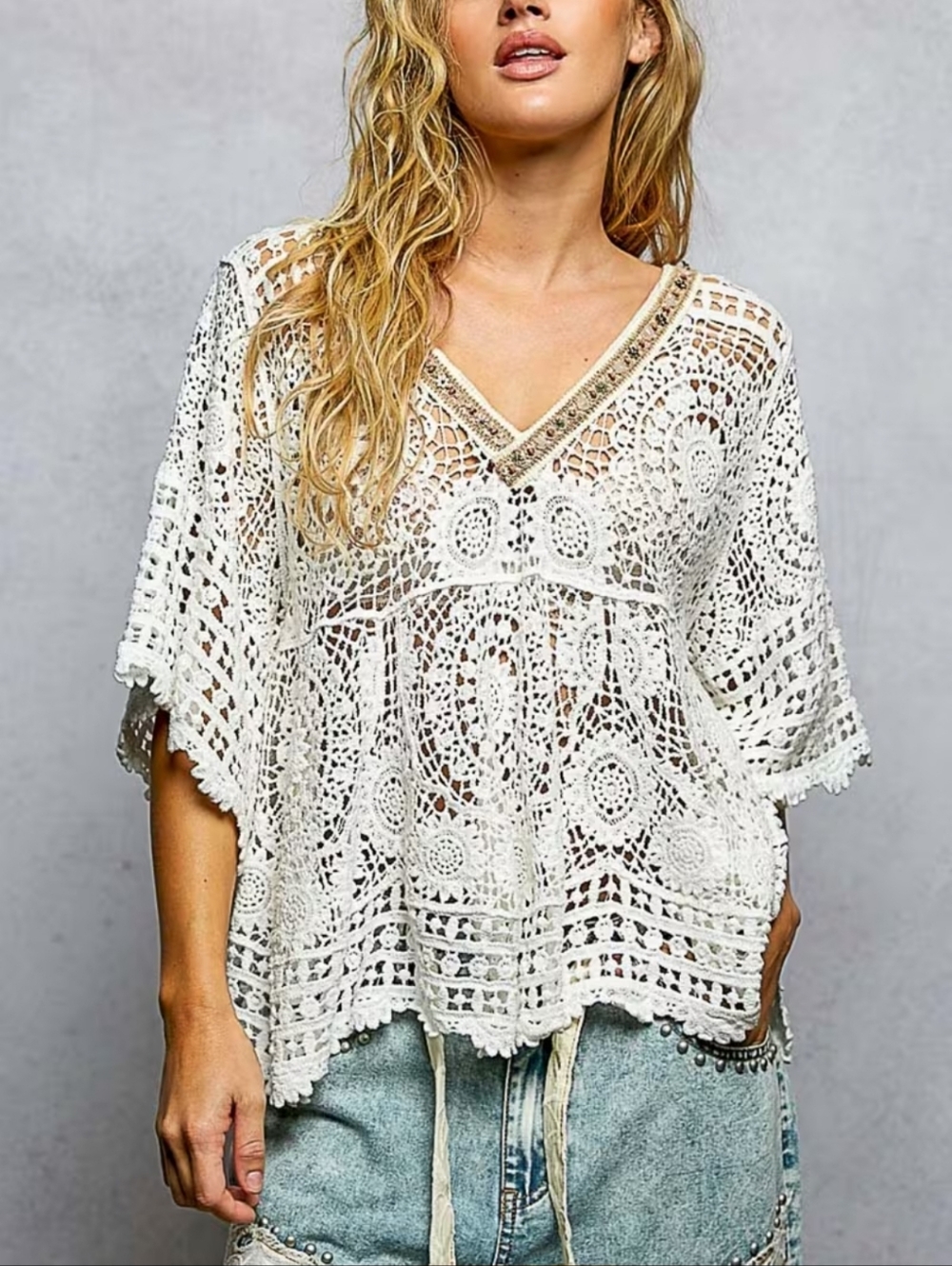 NS76.POL Boho White Crochet Cotton V-Neck Top